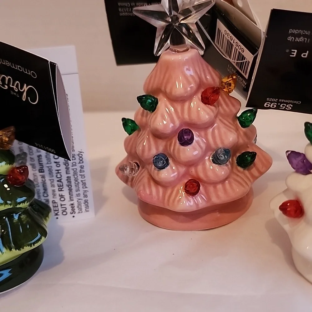 Christmas Tree Ceramic Ornaments with Star Top - Green, Pink, White